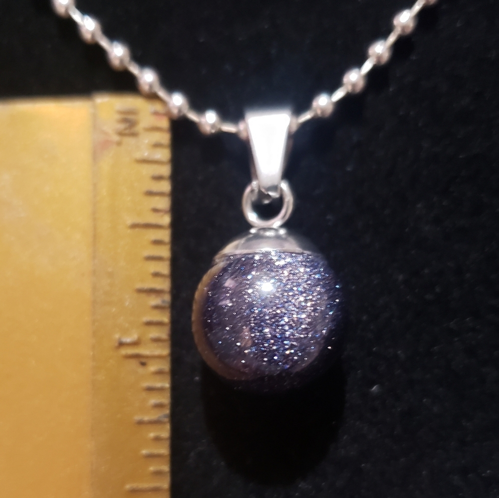 Blue Goldstone Sphere Orb Ball Pendant Necklace - Picture 7 of 8